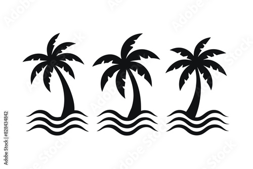Set of palm tree island and waves, paradise graphics laser citting engraving on white background © mobarok8888