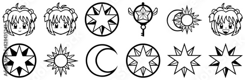 Set Of Sakura Card Captors Vector Symbols Apps, Websites Ui Designs Suitable For Anime,Symbol,Star,Cards,Magic Simple Black Style Symbol Sign For Apps And Website, Vector Illustration