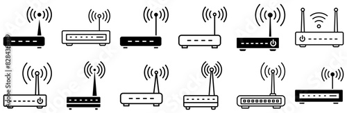 Set Of Linear Router Icons Collection Isolated Silhouette Solid Icons Including Internet,Router,Modem,Wireless,Switch Solid Icon Collection. Vector Illustration