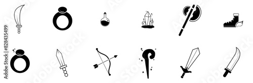 Set Of Rpg Items Icons Collection Isolated Silhouette Solid Icons Including Sword,Magic,Gaming,Ring,Rpg Vector Illustration Linear Pictogram Pack