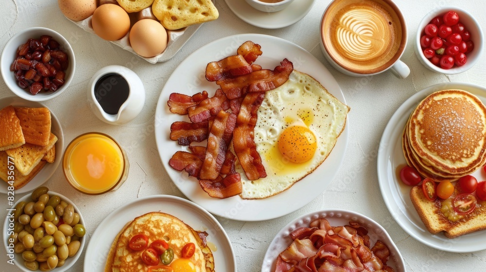 Delicious breakfast of pancakes, eggs, and bacon Delicious breakfast of pancakes, eggs, and bacon