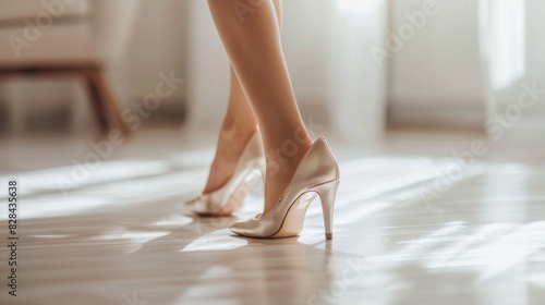 Womans legs in high heels on shiny surface