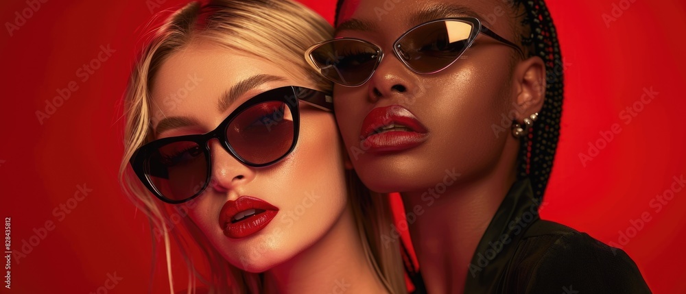Two women wearing sunglasses standing together Two women wearing sunglasses standing together