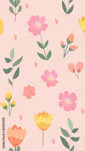 Wallpaper Mural Pastel floral pattern with hearts and leaves on pink background Torontodigital.ca