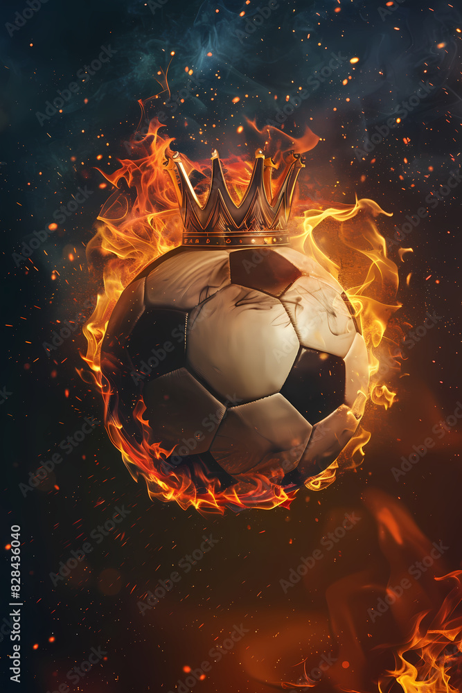 Naklejka premium Flaming soccer ball with golden crown on black background. Epic goal, winner. World championship cup. Sport bet, football match betting. Banner, poster or card with copy space