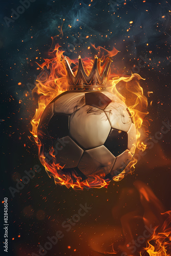 Flaming soccer ball with golden crown on black  background. Epic goal  winner. World championship cup. Sport bet  football match betting. Banner  poster or card with copy space