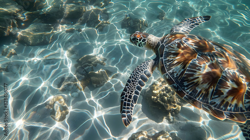 Close-up of a sea turtle swimming in clear water  with light casting shadows and highlighting the patterns on its shell and the movement of the water.