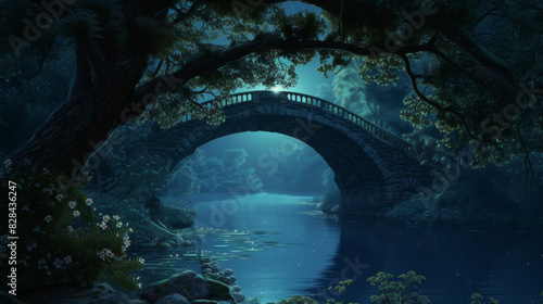 a bridge is seen through a tree in the night, in the style of traditional animation, romantic riverscapes  photo