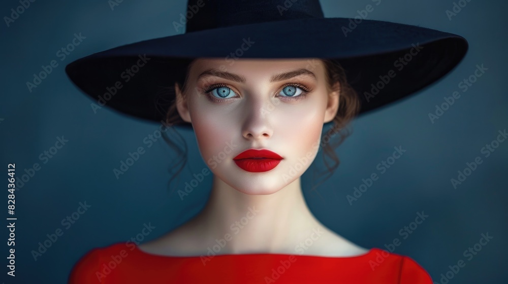 Woman in black hat with blue eyes Woman in black hat with blue eyes