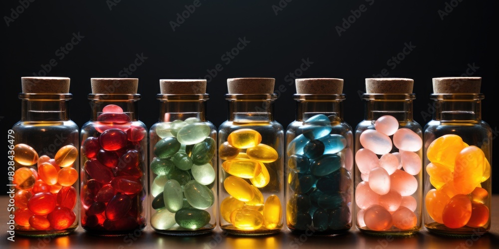 Colorful gummy bears placed in glass bottles on a black background, creating a striking visual contrast. Colorful gummy bears placed in glass bottles on a black background, creating a striking visual contrast.