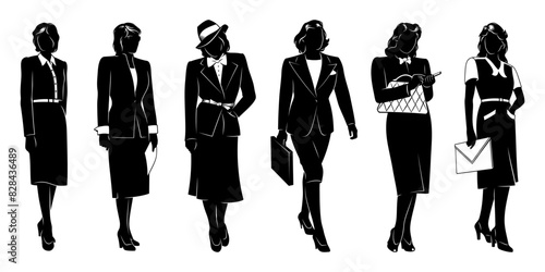 Business Women Silhouettes. Office ladies in vintage suits and dresses. Vector cliparts isolated on white.