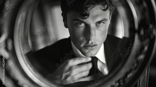 Man in Suit Looking in Mirror
