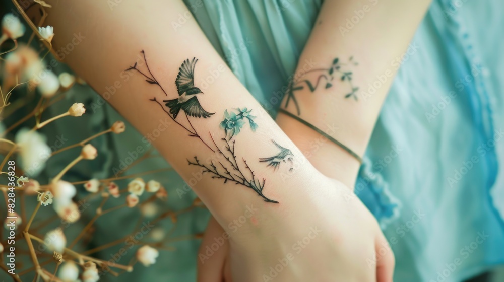 Womans arm with small flower tattoo Womans arm with small flower tattoo