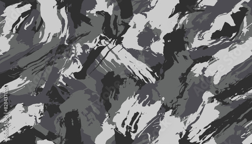 Blots camouflage, modern fashion design. Camo paint splashes spots, military uniform. Grunge urban pattern. Black monochrome, fashionable, fabric. Vector seamless texture