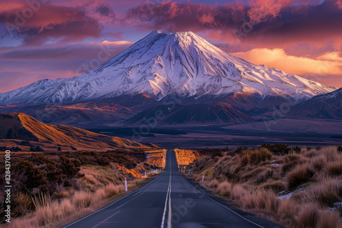 a road leading to a snow covered mountain, in the style of maori art, landscape photography, light pink and dark orange, captivating documentary photos, warmcore, spectacular backdrops photo