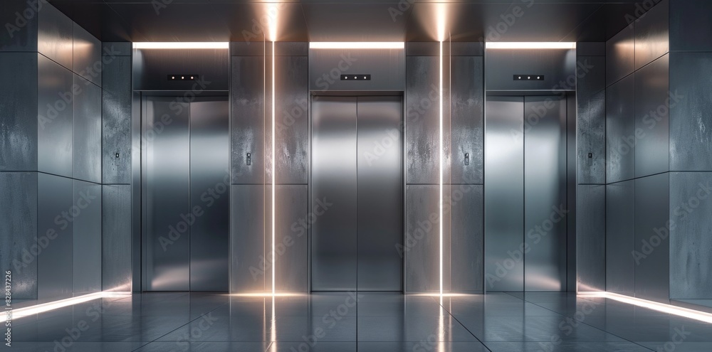 A room with elevators, devoid of any people or furniture. A room with elevators, devoid of any people or furniture.