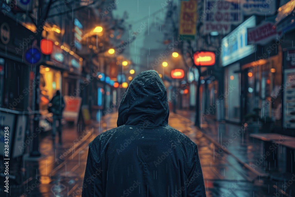 Person walking down street in rain Person walking down street in rain