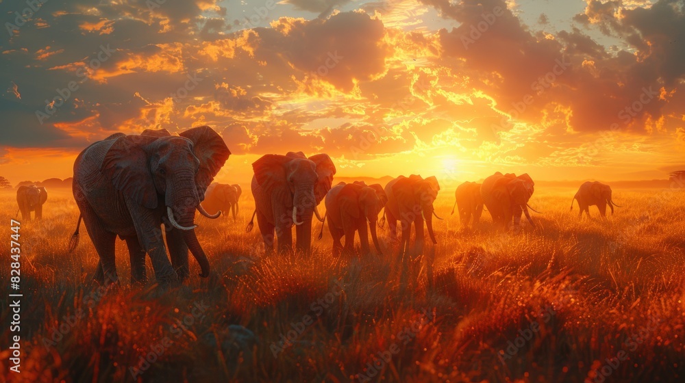Fototapeta premium Herd of elephants walking in grass at sunset