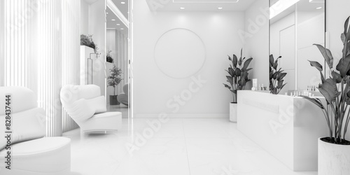 A modern white bathroom with a green plant in the corner. Ideal for interior design concepts