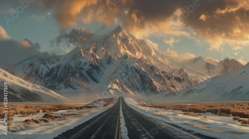 a highway leading into a snowy mountain by mike smith photography, in the style of maori art, light beige and orange, japanese photography, spectacular backdrops, panasonic lumix s pro 50mm f/1.4, lig photo