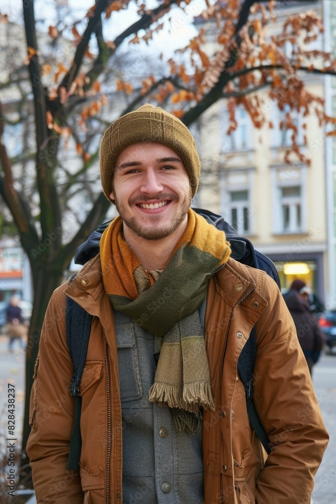 A man in a hat and scarf standing in front of a tree. Suitable for winter or outdoor themes A man in a hat and scarf standing in front of a tree. Suitable for winter or outdoor themes