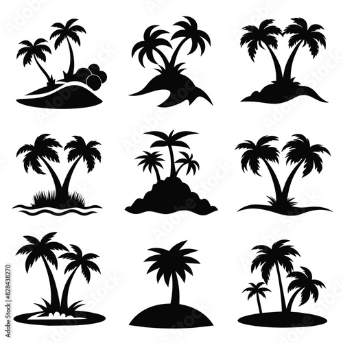 Set of palm tree island icon black vector on white background