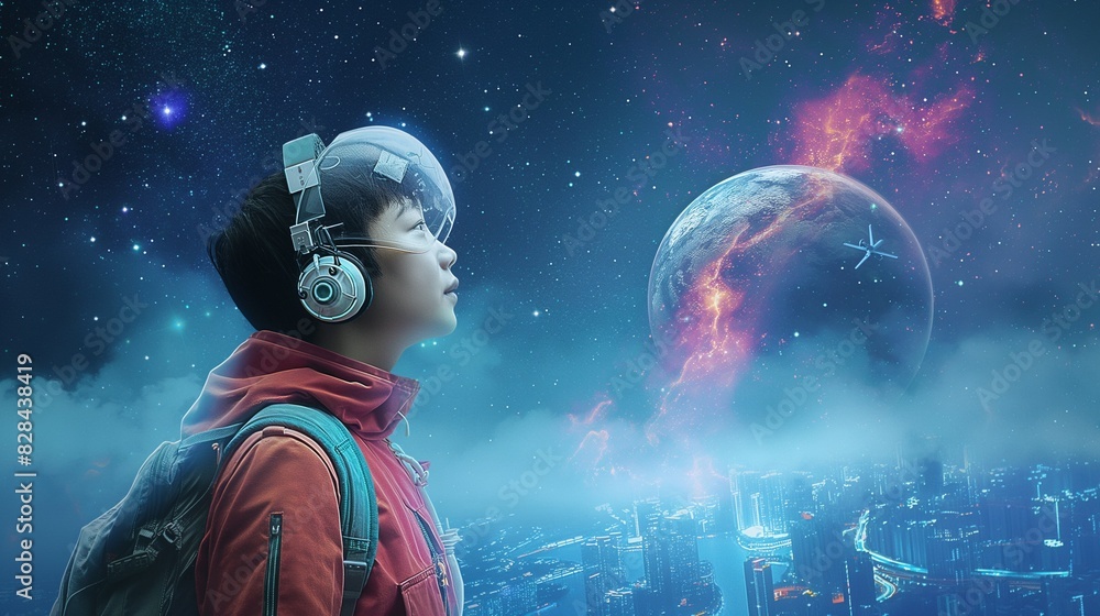Futuristic Scene of Boy Gazing at Space Futuristic Scene of Boy Gazing at Space