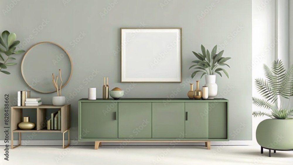 Modern interior design mockup of a green wall with cabinet and decoration in the living room, in the style of minimalist style Modern interior design mockup of a green wall with cabinet and decoration in the living room, in the style of minimalist style
