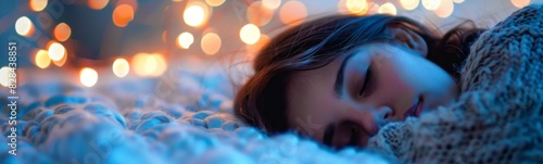 Young girl sleeping on a blanket with lights in the background photo