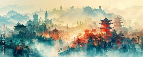 A painting of a mountain landscape with many buildings and a misty atmosphere. The buildings are red and yellow, and the mountains are covered in mist. The painting evokes a sense of tranquility