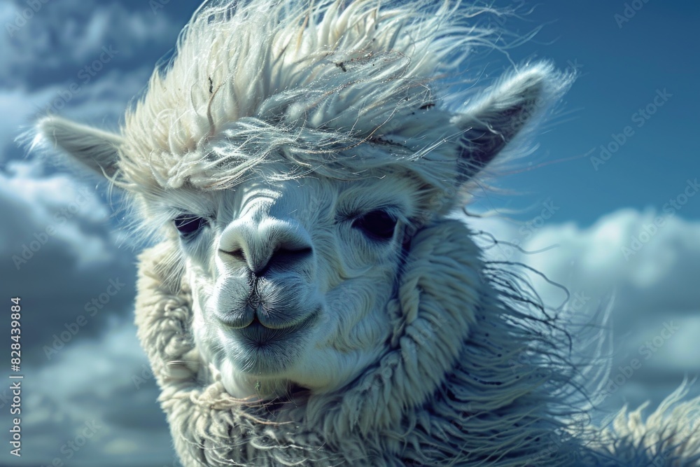 Naklejka premium Close up of a llama with a cloudy sky in the background. Suitable for various projects