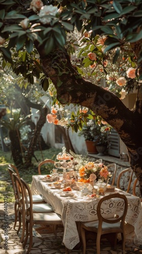 Table and Chairs in Garden With Flowers