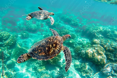 Two turtles swimming in the clear water, travel concept 