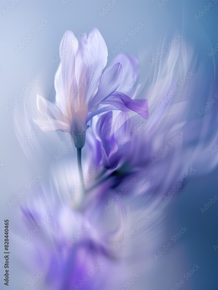 still life photography, a flower in movement with low shutter speed, blurred lines, grainy, pastel blue white and lavender colours, motion blur, still life photography, a flower in movement with low shutter speed, blurred lines, grainy, pastel blue white and lavender colours, motion blur,