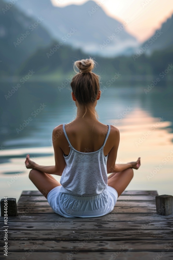 Woman practicing yoga on a dock, perfect for wellness and relaxation concepts Woman practicing yoga on a dock, perfect for wellness and relaxation concepts