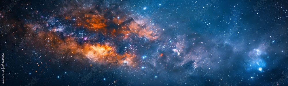Starry sky with a cluster of stars and a bright orange and blue galaxy