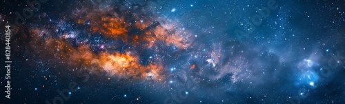 Starry sky with a cluster of stars and a bright orange and blue galaxy photo