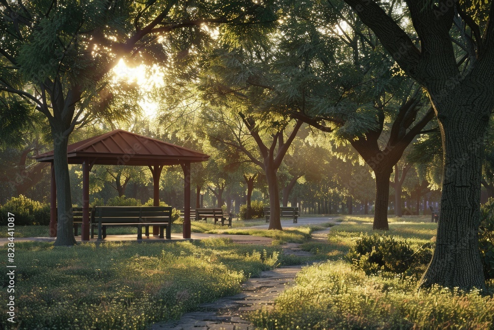 A serene park setting with a bench and a gazebo. Perfect for outdoor relaxation scenes A serene park setting with a bench and a gazebo. Perfect for outdoor relaxation scenes
