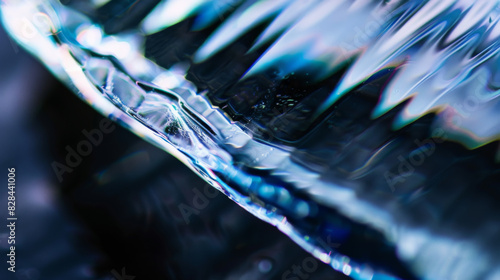 extreme macro photo of clean irridescent polished glass, edges with light from four different colors, depth of field, blurred, dark navy and dark azure, grey background, natural colors  photo