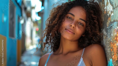 A woman with curly hair leaning against a wall. Perfect for lifestyle and fashion blogs photo