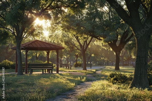 A serene park setting with a bench and a gazebo. Perfect for outdoor relaxation scenes