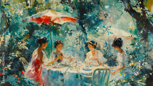 Three Women Sitting at a Table Under an Umbrella
