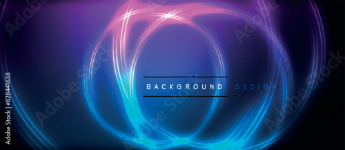 Neon glowing circle rays, light round lines in the dark, planet style neon wave lines. Energetic electric concept design for wallpaper, banner, background