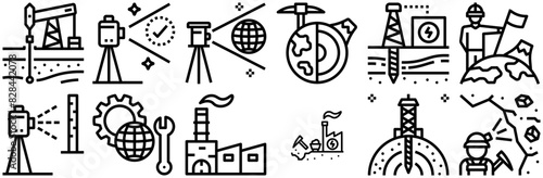 Set Of Linear Geological Exploration Icons Collection Isolated Silhouette Solid Icons Including Survey,Industry,Tripod,Earth,Geology Vector Illustration Linear Pictogram Pack