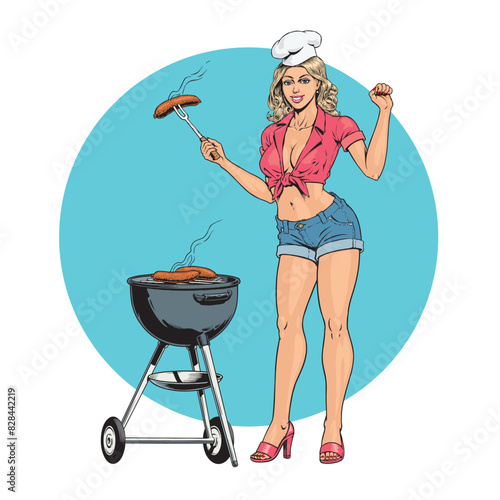 Young woman barbecues on outdoor grill preparing street food for picnic party. Smiling pin up girl fries BBQ sausages or meat on hot coals, vintage style vector illustration