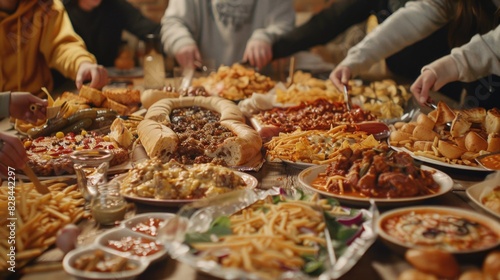 A group of people standing around a table full of delicious food. Perfect for food and gathering concepts