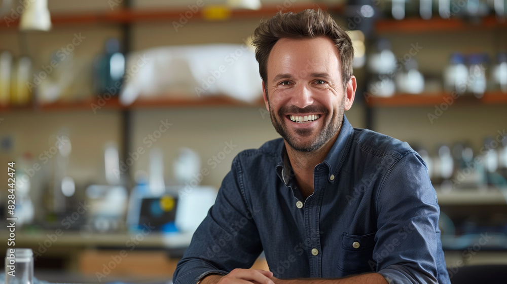 Fototapeta premium Smiling Male Scientist in Laboratory, Wearing Lab Coat, Scientific Research and Innovation