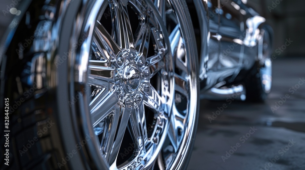 Fototapeta premium Close up of a car tire on a street, suitable for automotive industry