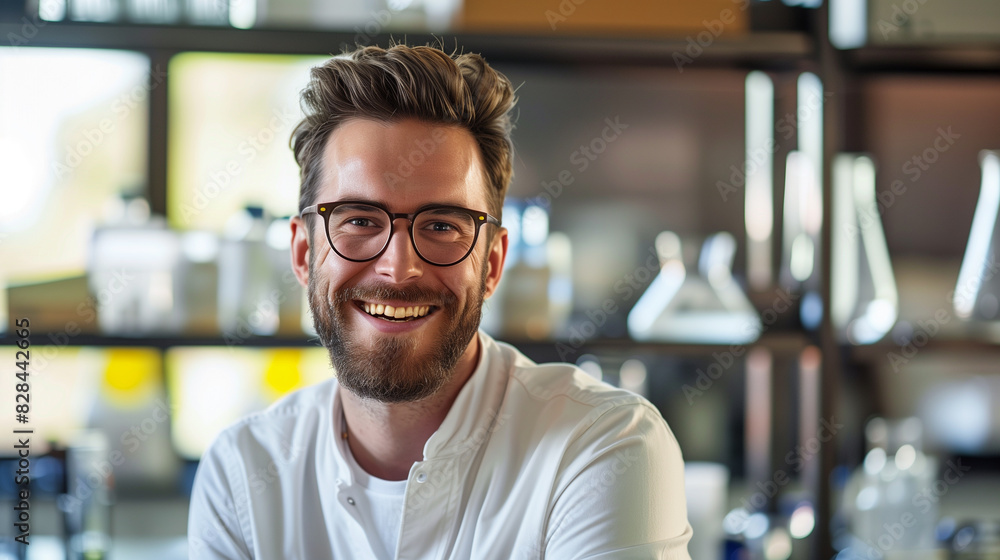 Fototapeta premium Smiling Male Scientist in Laboratory, Wearing Lab Coat, Scientific Research and Innovation