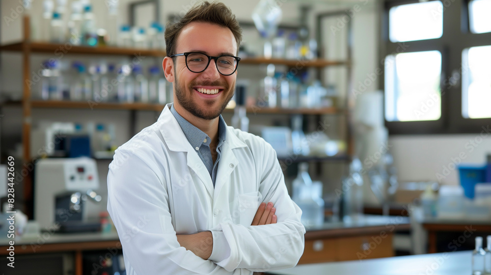 Fototapeta premium Smiling Male Scientist in Laboratory, Wearing Lab Coat, Scientific Research and Innovation